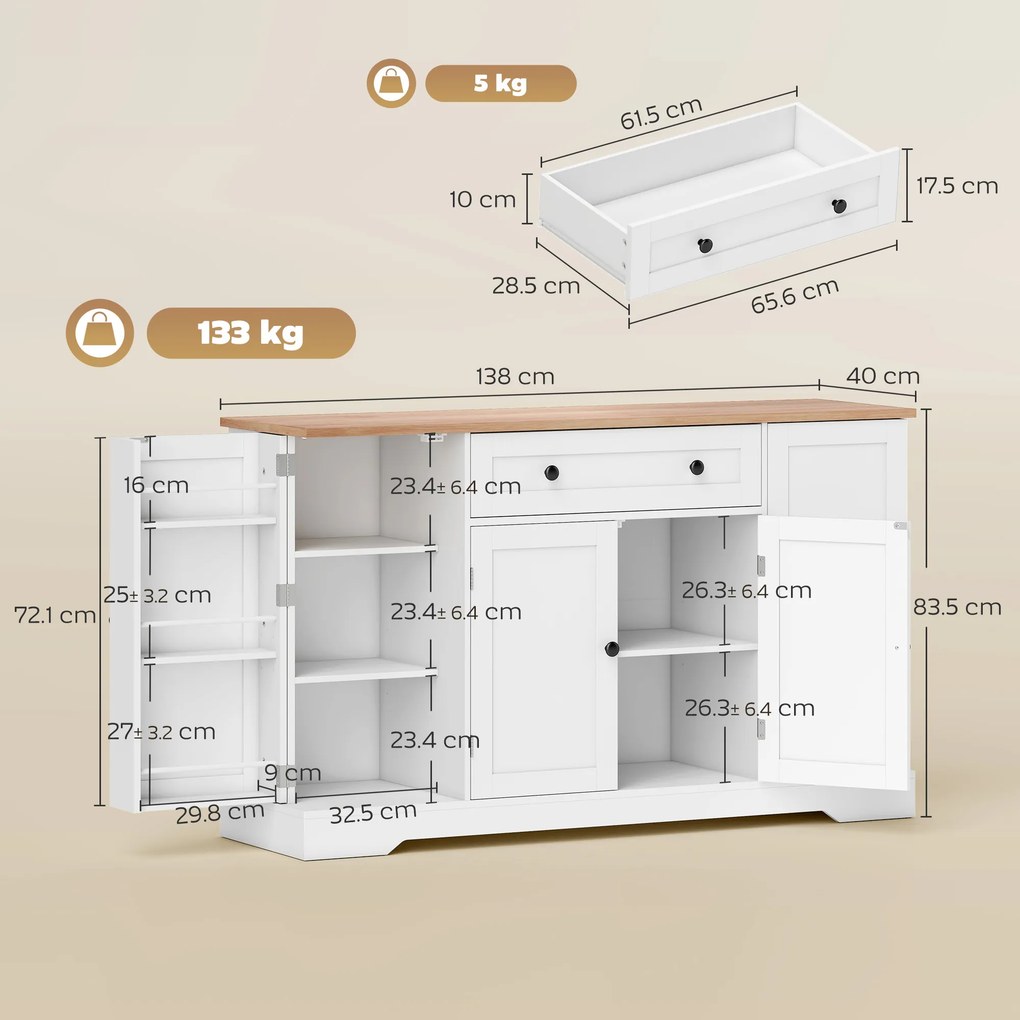 HOMCOM Servantă Bucătărie Modernă cu Sertar și 4 Uși, Dulap Bucătărie cu Rafturi Reglabile, 6 Suporturi pentru Condimente, 138x40x83,5 cm, Alb | Aosom Romania
