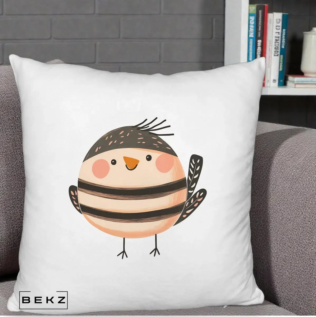 Perna Decorativa Pui Kawaii Bej-Negru Dungat, 40x40 cm, Alb Pufos, Husa Detasabila, Perna Inclusa, BEKZ®