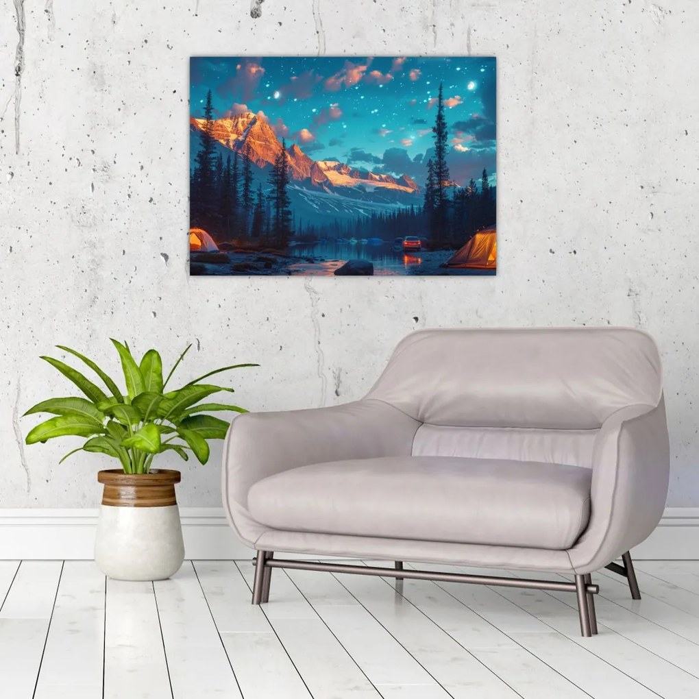 Tablou pe sticlă - Camping în munți (70x50 cm)
