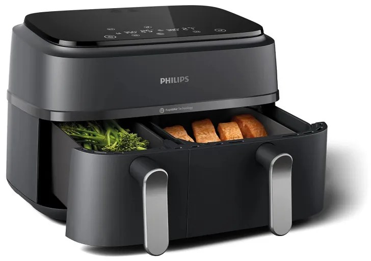 Friteuza cu aer cald dubla Philips NA352/00, 2750 W, 6+3 L, 80-200°C, 1,5 kg, 8 programe, Ecran tactil, Copiere si sincronizare, Negru