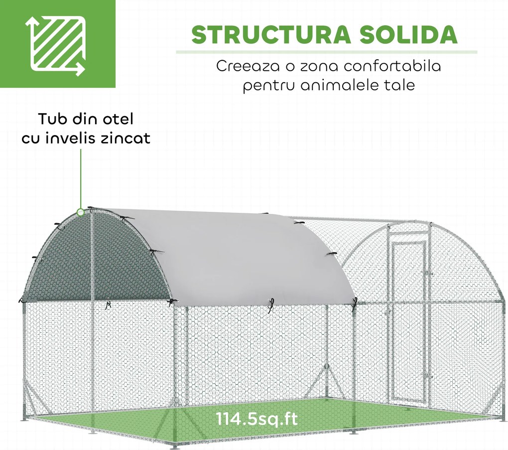 PawHut Coteț pentru Găini de Exterior, 2.8x3.8x2m Recintă din Oțel Zincat cu Acoperiș Impermeabil Anti-UV și Încuietoare, Găini, Iepuri și Rațe | Aosom Romania