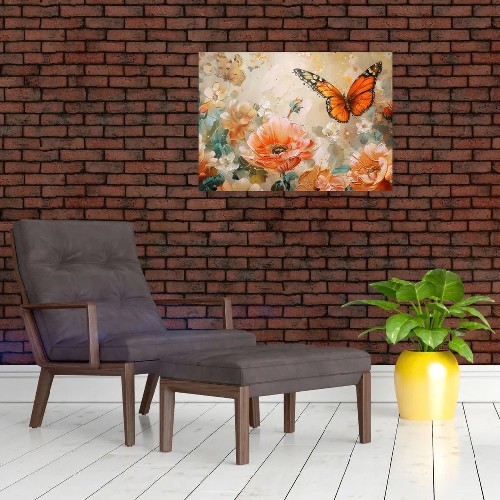 Tablou pe sticlă - Fluture și flori, pictură în ulei (70x50 cm)