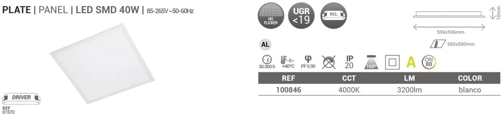Panou LED incastrabil tavan /plafon design ultra-slim 59,6cm Plate No Flicker 40W 4000K 100846 SU