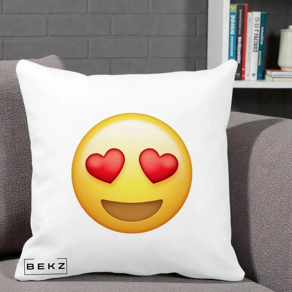 Perna Decorativa Emoji Inimi in Ochi, 40x40 cm, Alba Mata, Husa Detasabila, Perna Inclusa, BEKZ®
