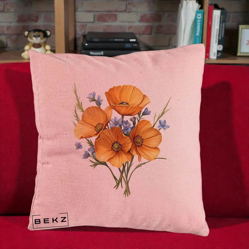 Perna Decorativa Maci Portocalii cu Floricele Albastre, 40x40 cm, Roz, Husa Detasabila, Perna Inclusa, BEKZ®