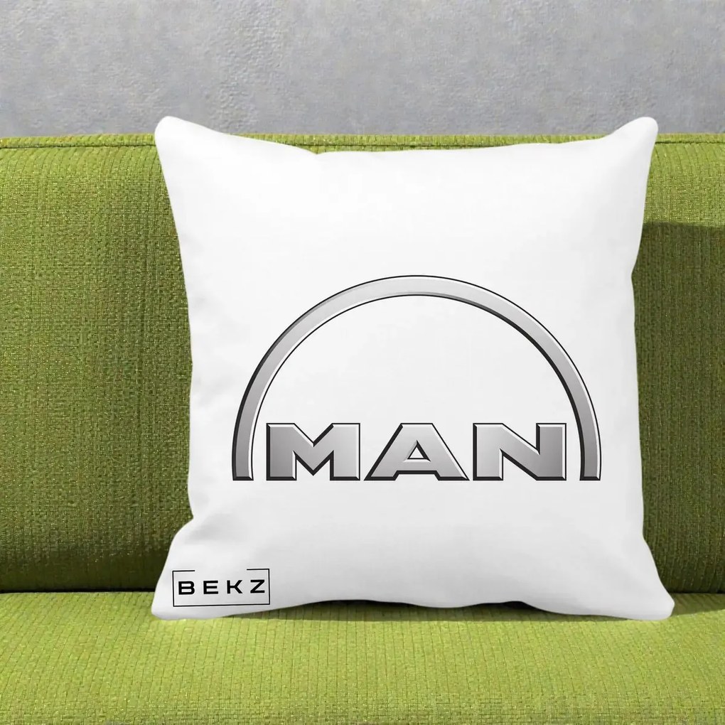 Perna Personalizata cu emblema MAN, 40x40 cm, Alba Mata, Husa Detasabila, Perna Inclusa, BEKZ®