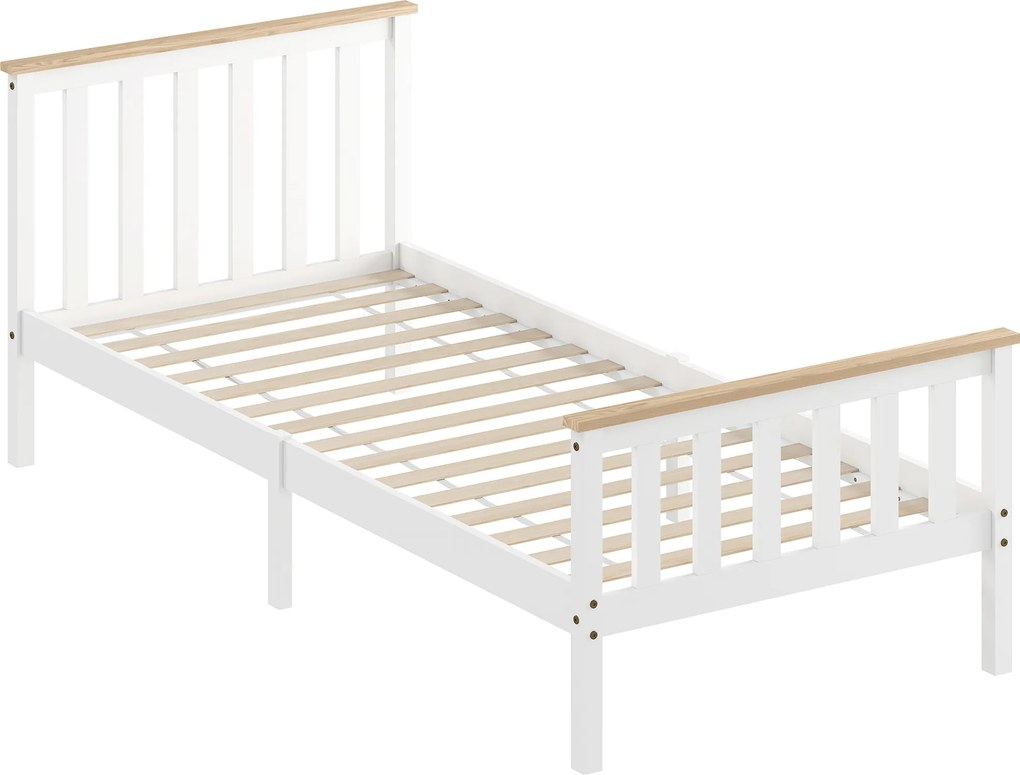 HOMCOM Cadru pat single, cadru din lemn, spațiu depozitare inferior, lemn natural, alb | Aosom Romania
