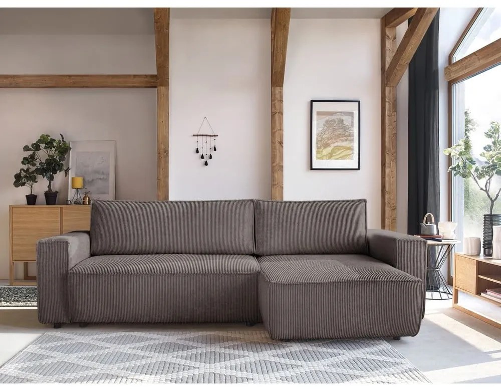 Colțar taupe extensibil/cu spațiu de depozitare cu tapițerie din catifea reiată Nihad – Bobochic Paris