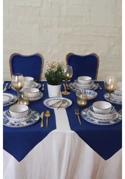 Set veselă 24 piese, alb/albastru, din ceramică stoneware