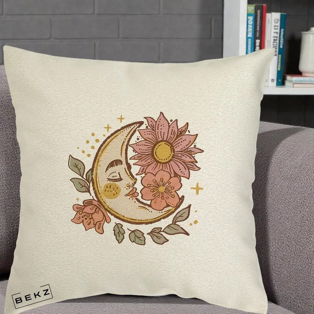 Perna Personalizata Luna Boho Chip Floral, 40x40 cm, Ecru, Husa Detasabila, Perna Inclusa, BEKZ®