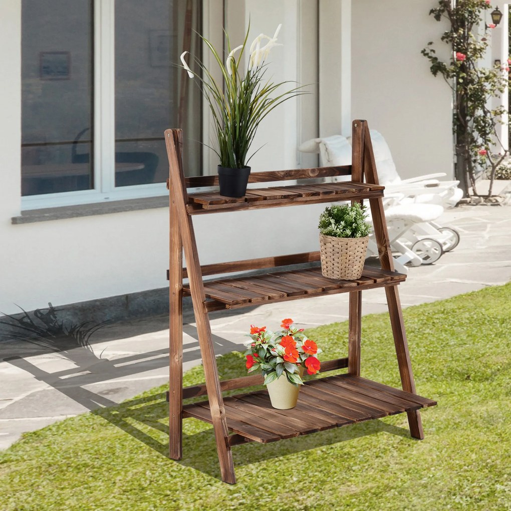 Outsunny Suport pentru Plante Pliabil, Jardinieră cu 3 Niveluri, Raft de Exterior pentru Plante, 80x37x93 cm, Lemn Natural | Aosom Romania