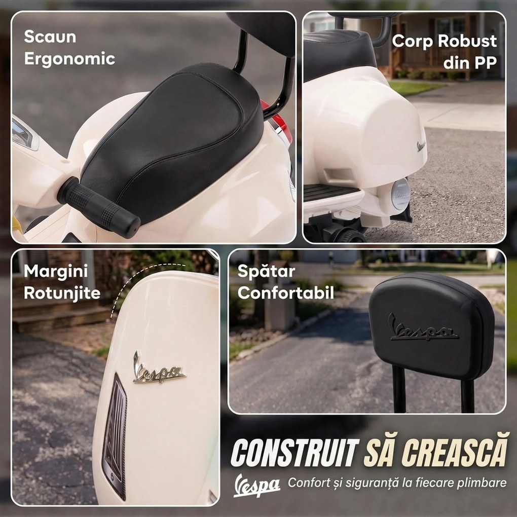 AIYAPLAY Motocicletă electrică pentru copii 1.5-3 ani mini Vespa GTS 7.2V, cu baterie litiu, spătar, roți ajutătoare, far, claxon, 2.5km/h, max. 25 Kg, alb crem | Aosom Romania