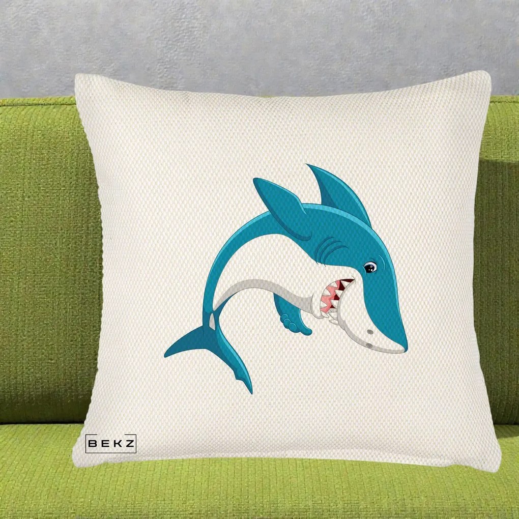 Perna Decorativa Rechin Albastru Cartoon, 40x40 cm, Crem Reliefat, Husa Detasabila, Perna Inclusa, BEKZ®