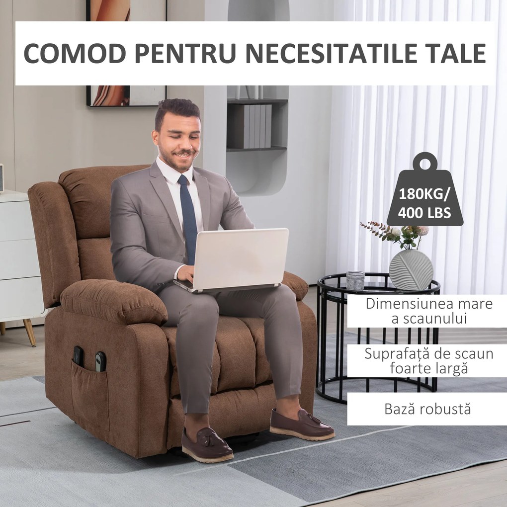 HOMCOM Scaun cu Ridicare și Înclinare, Scaun Tapițat din Material Rezistent pentru Sufragerie cu Telecomandă, 91x93x103 cm, Maro | Aosom Romania