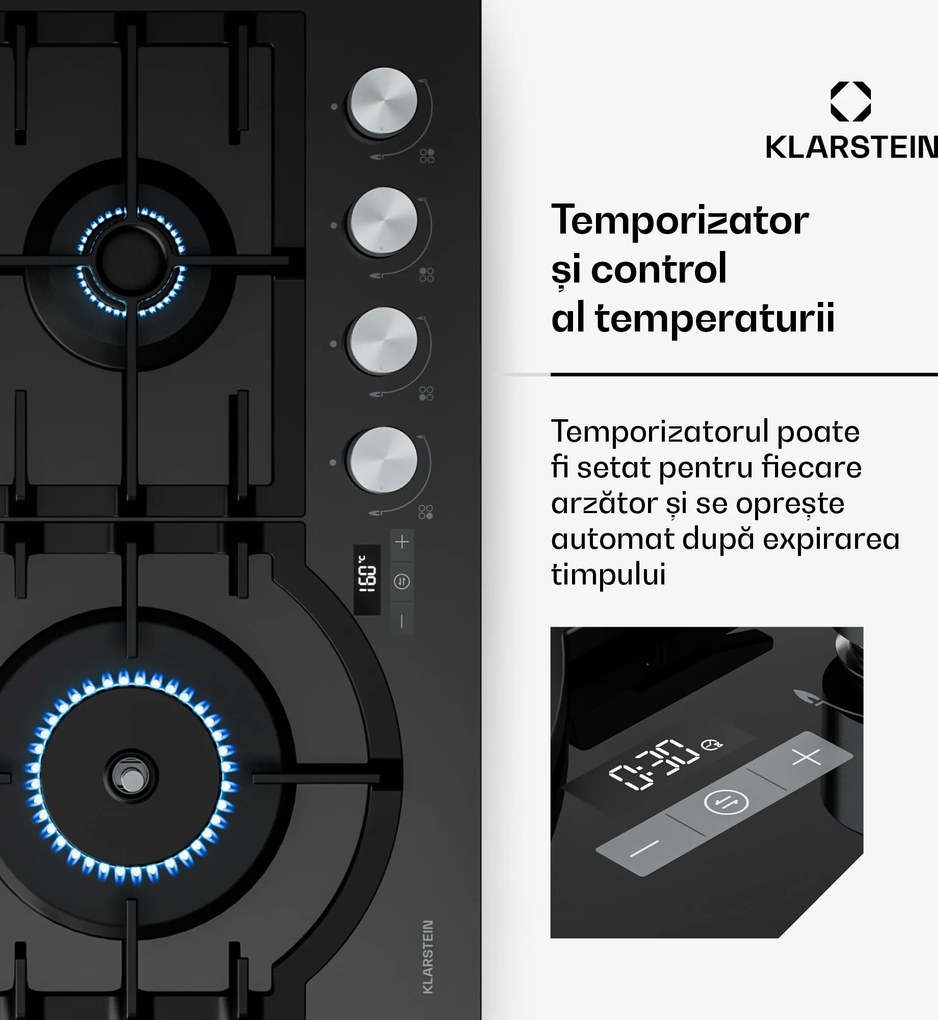 Klarstein Ignito gaz plită, 8 kW, suporturi din fontă, temporizator, reglare temperatură