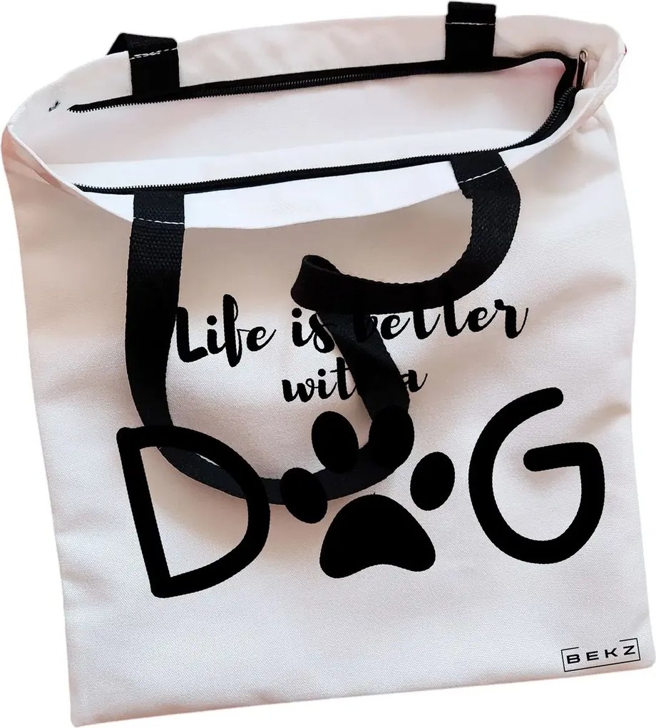 Sacosa de Panza pentru Cumparaturi, Geanta Tote, model Life is better with a doggo, Cu fermoar, 38x34.5 cm, Alba, BEKZ®