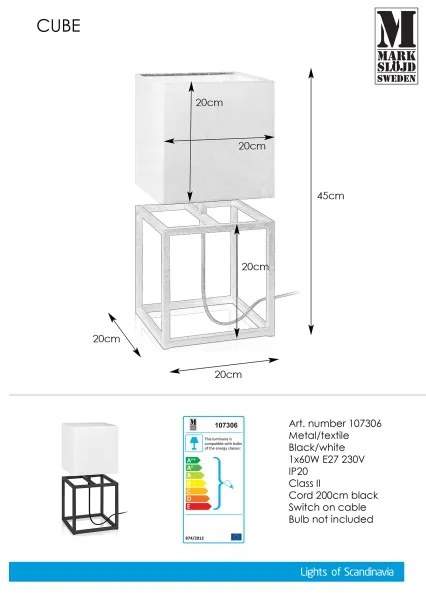 Markslöjd 107306 - Lampă de masă CUBE 1xE27/60W/230V