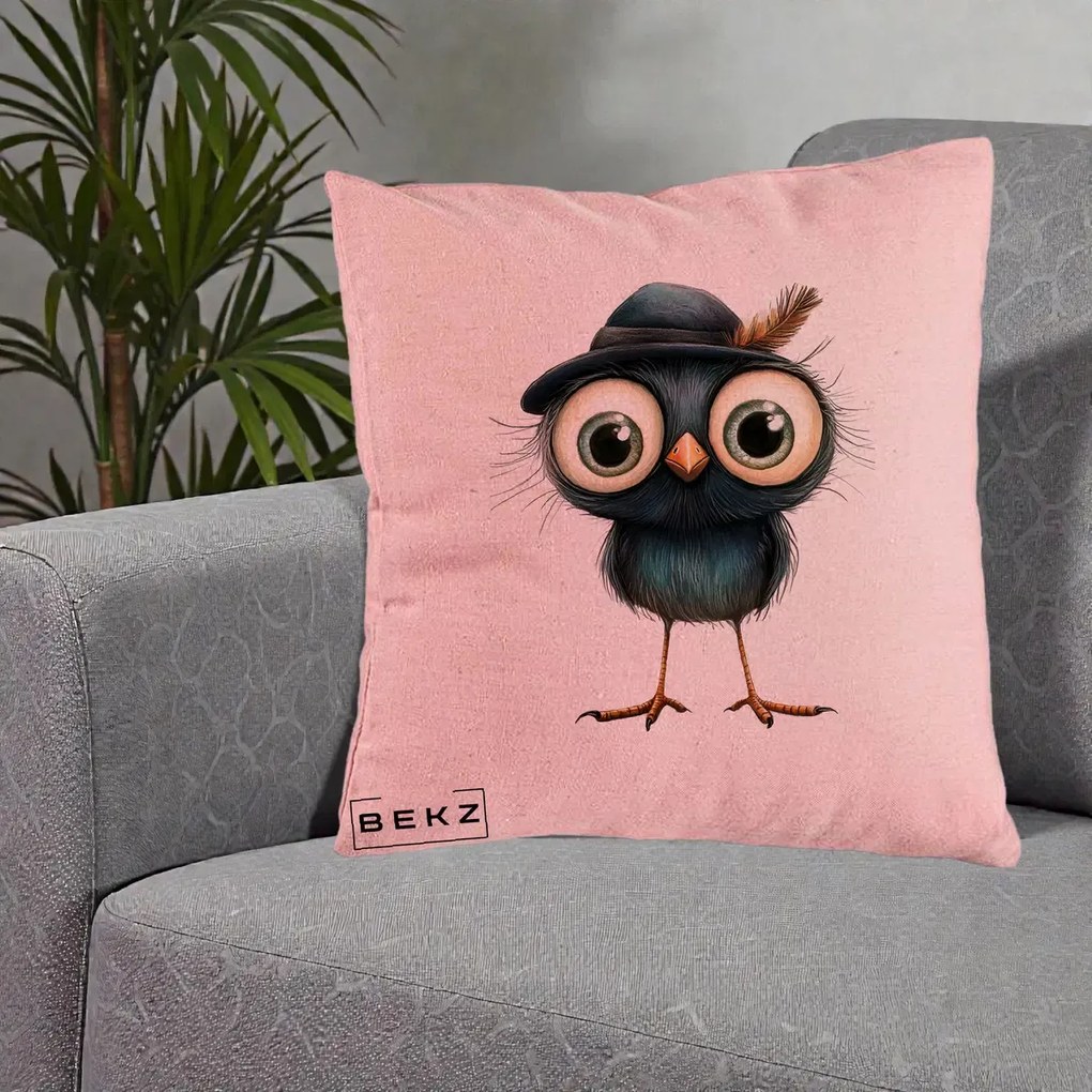 Perna Decorativa Pui Misterios cu Palarie Neagra, 40x40 cm, Roz, Husa Detasabila, Perna Inclusa, BEKZ®