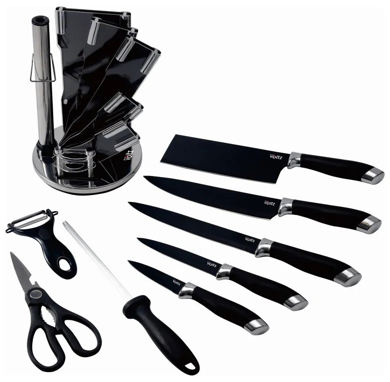 Set cutite Oliver Voltz OV51633K9S, 9 piese, Suport, Negru/Argintiu