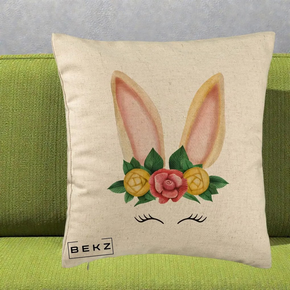 Perna Decorativa Iepuras Flori Urechi Pastelui, 40x40 cm, Bej, Husa Detasabila, Perna Inclusa, BEKZ®