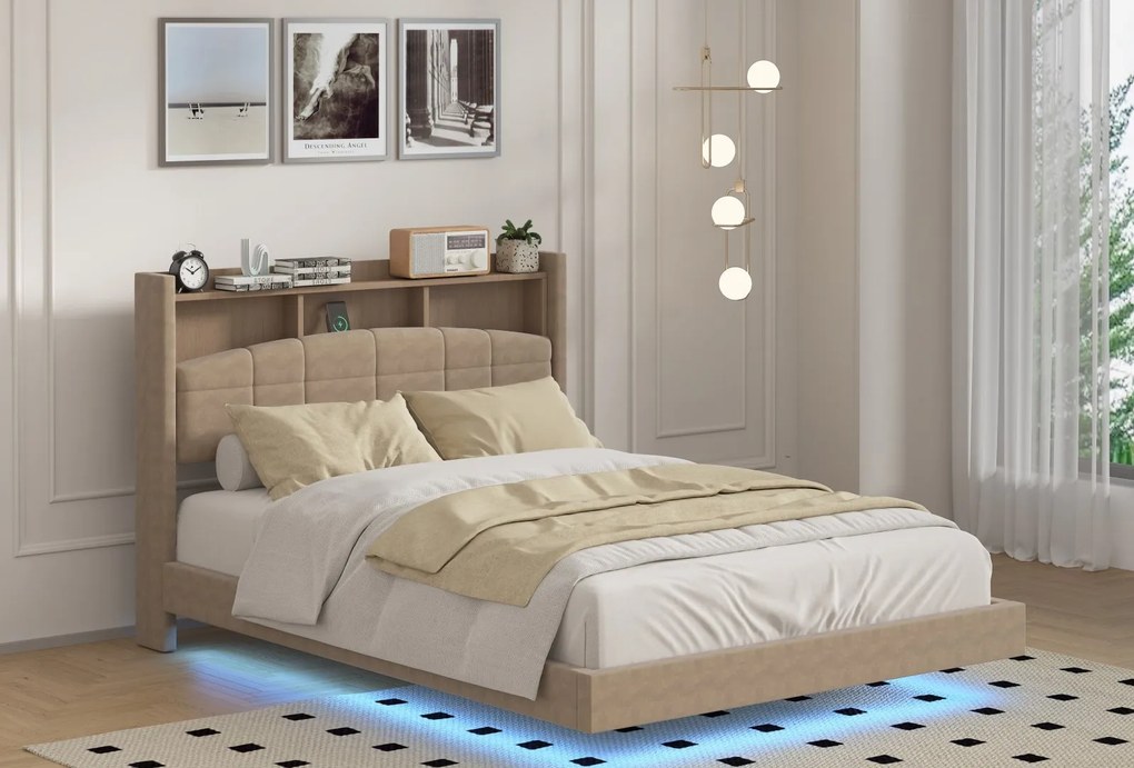 Pat C01 Tapitat Catifea 160x200cm, cu iluminare LED integrata, Maro, Saltea Ortopedica 20cm inclusa