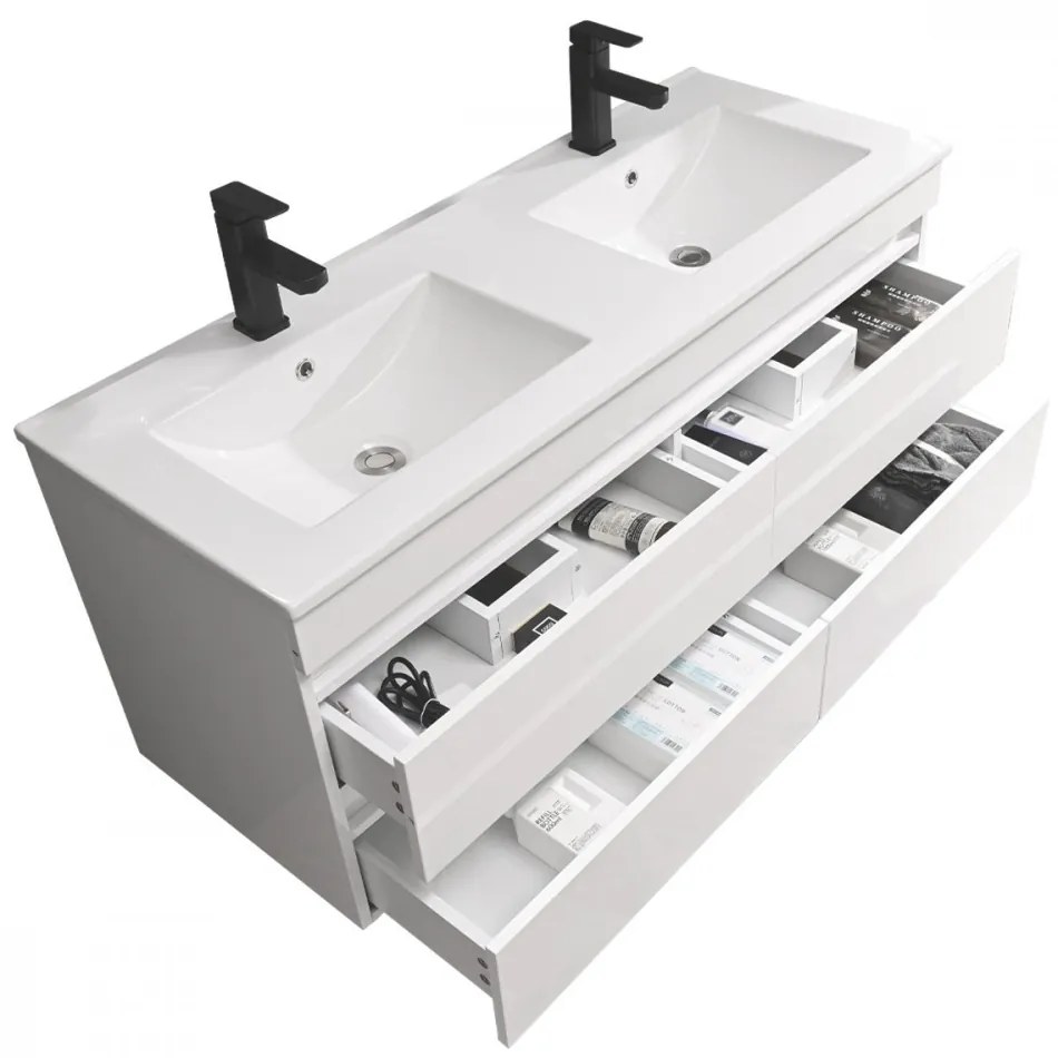 Mască de baie Cube 120 cu chiuvetă ceramică, 2 sertare, vopsită în alb lucios
