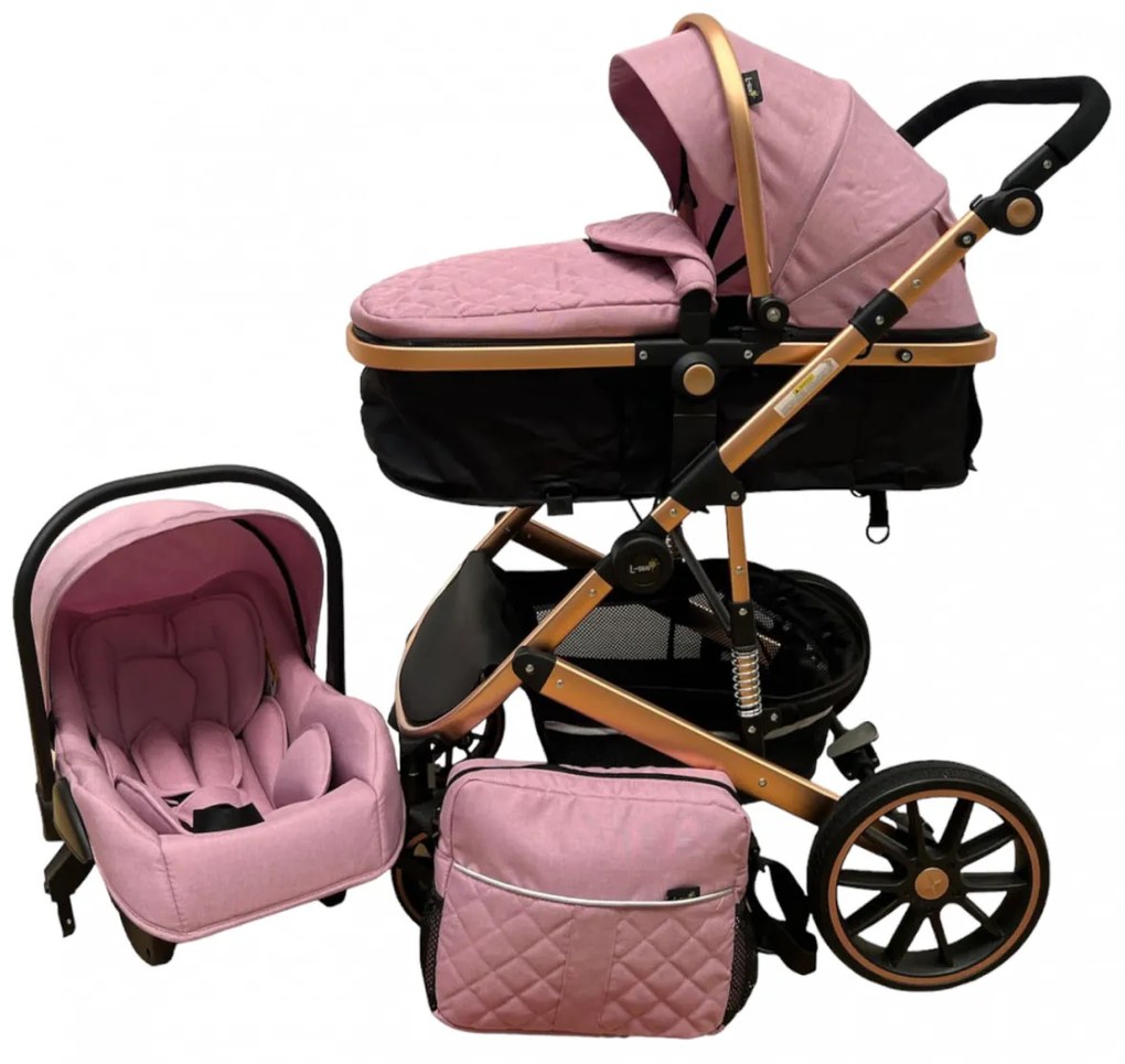 Carucior 3 in 1 cu scoica auto, transformabil, reversibil, cu roti cauciuc, 0-36 luni - CPC-37-roz