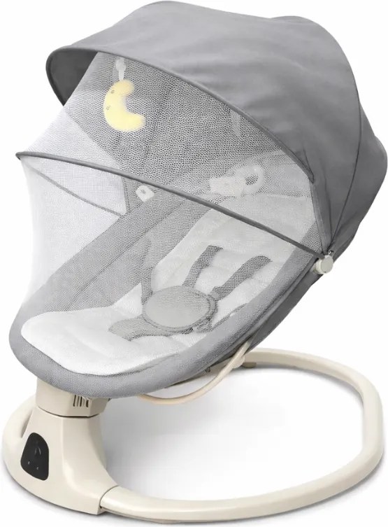 Leagan electric bebelusi 0-12 luni Kidizi Velara gri, spatar reglabil, salteluta si pernuta detasabile, dimensiune generoasa, melodii si sunete, telecomanda, Bluetooth, alimentare priza si baterii