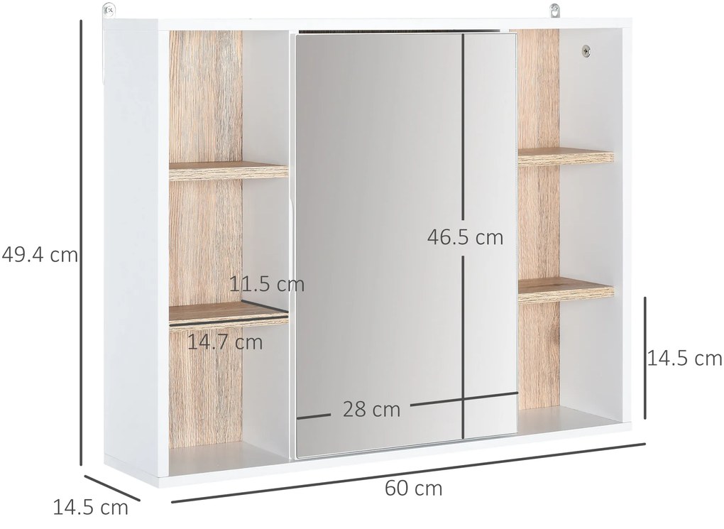 HOMCOM Dulap cu Oglinda din MDF si PAL, Dulap de Baie cu 3 Rafturi Laterale si Raft Interior Reglabil, 60x14.5x49.4 cm, Alb si Lemn Natur | Aosom RO