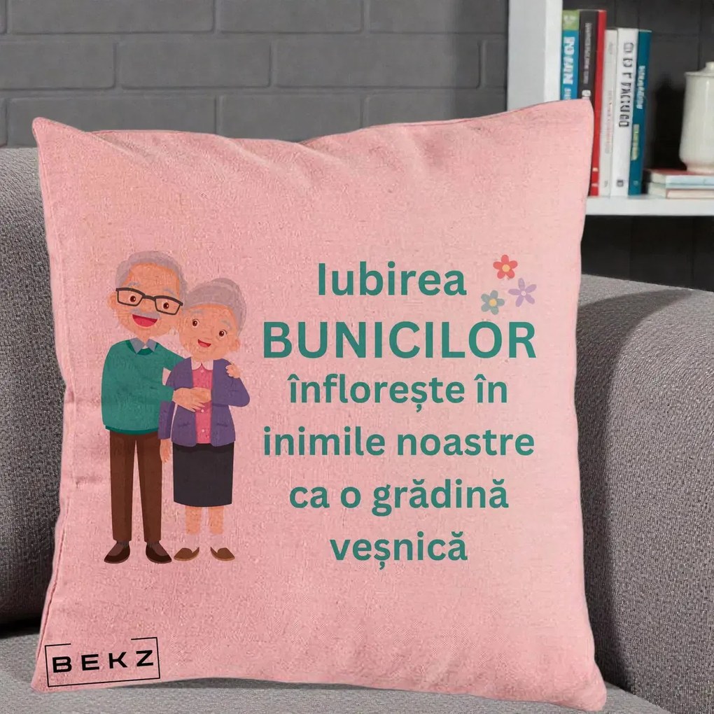 Cadou pentru Bunici - Perna Personalizata Bunicii Iubirea Infloreste Cuplu Senior Teal, 40x40 cm, Roz, Husa Detasabila, Perna Inclusa, BEKZ®