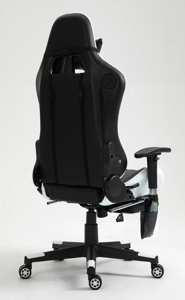 RESIGILAT- Scaun gaming, Masaj in 7 puncte, Boxe Bluetooth, funcție șezlong, 90-180 grade, suport picioare, sezut benzi elastice sustinere suplimentara, PU, Negru/Alb