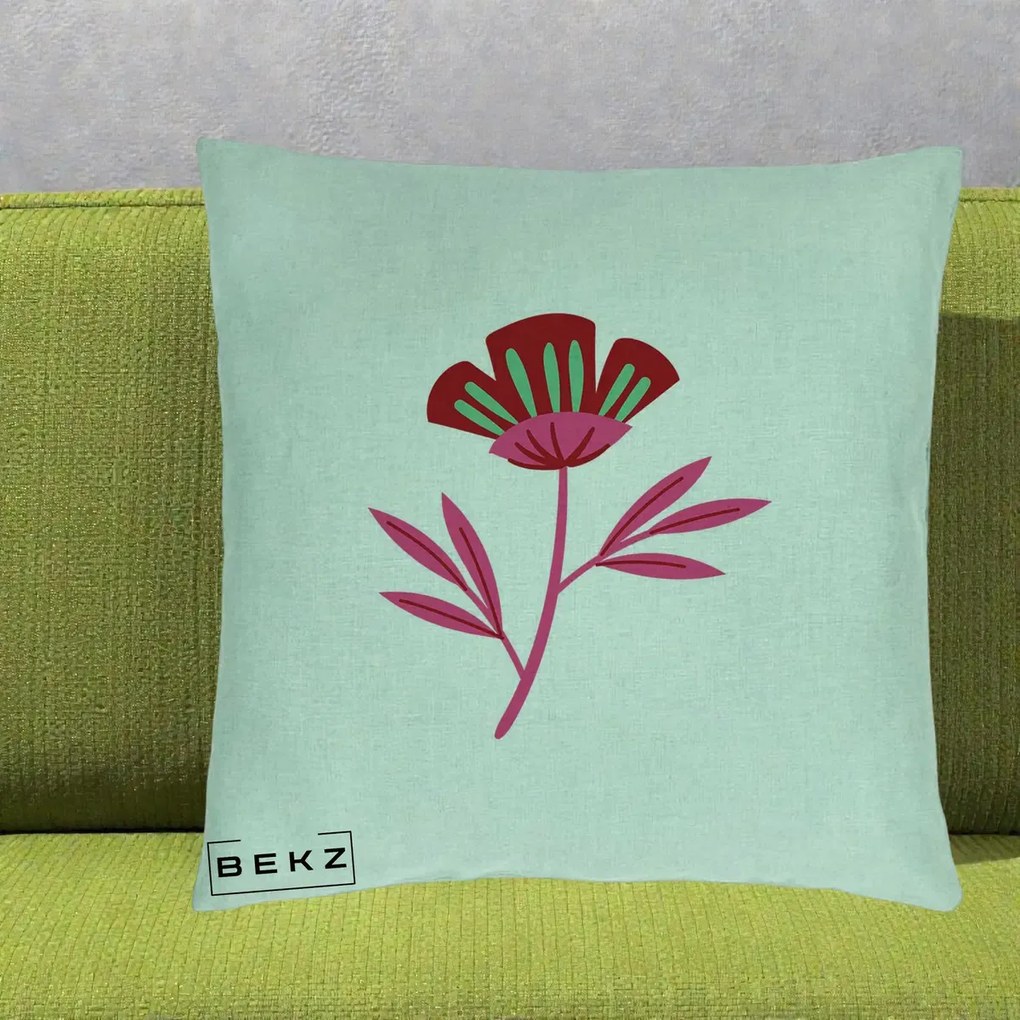 Perna Decorativa Floare Macul Roz-Rosu Grafic, 40x40 cm, Verde Menta, Husa Detasabila, Perna Inclusa, BEKZ®