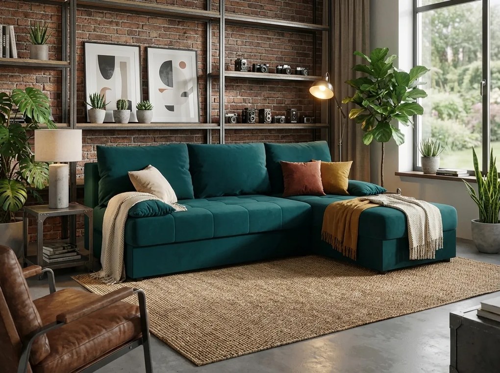 Coltar extensibil de colt VENORIA SLIM, petrol, reversibil, 200x143 cm + 2 perne GRATUIT