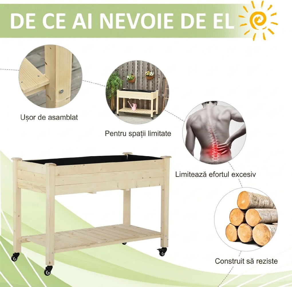 Outsunny Pat Grădină Legume Înălțat Lemn cu Roți, Jardiniera Înălțată cu Raft Inferior, 118x55x83cm, Natural | Aosom Romania