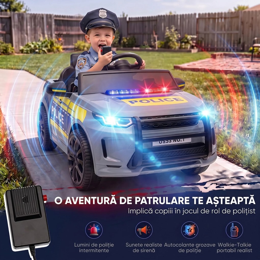 AIYAPLAY Mașină Electrică de Poliție 12V cu Telecomandă, Lumini și Sirenă, Gri | Aosom Romania
