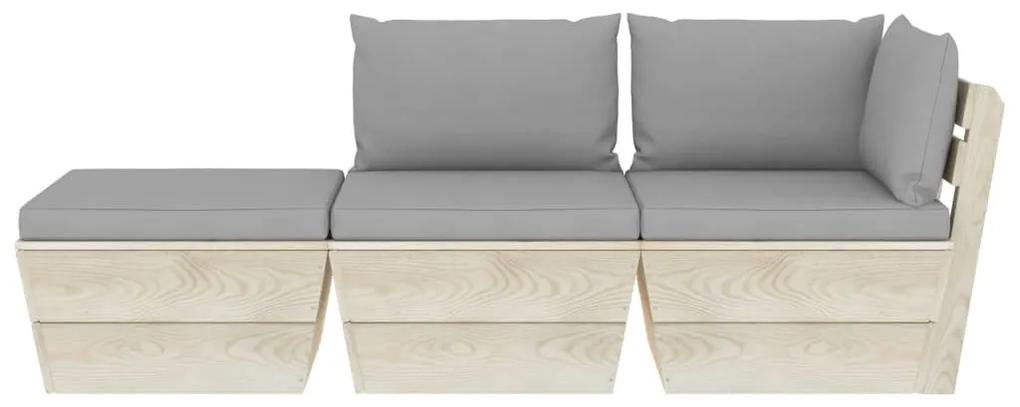Set mobilier gradina din paleti cu perne, 3 piese, lemn molid Gri, colt + mijloc + suport pentru picioare, 1