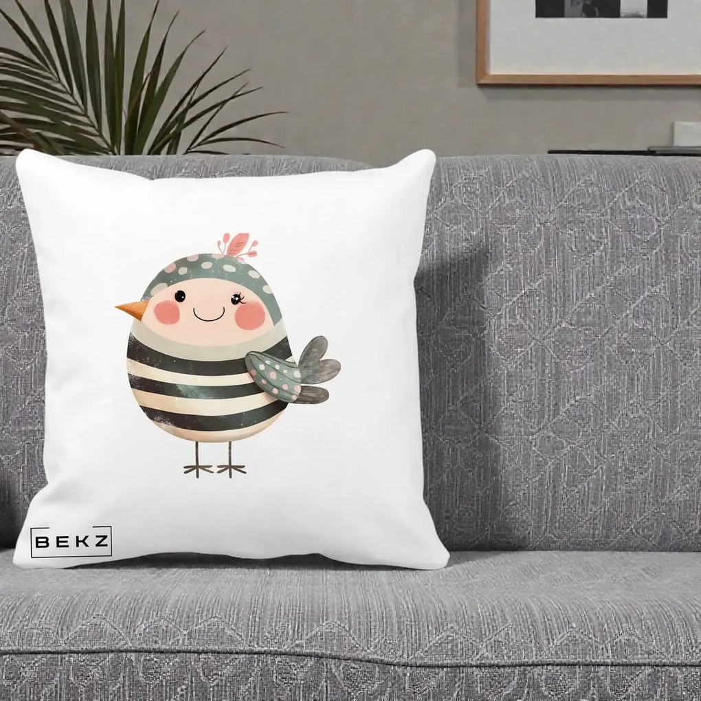 Perna Decorativa Pui Kawaii Teal cu Flori, 40x40 cm, Alba Mata, Husa Detasabila, Perna Inclusa, BEKZ®