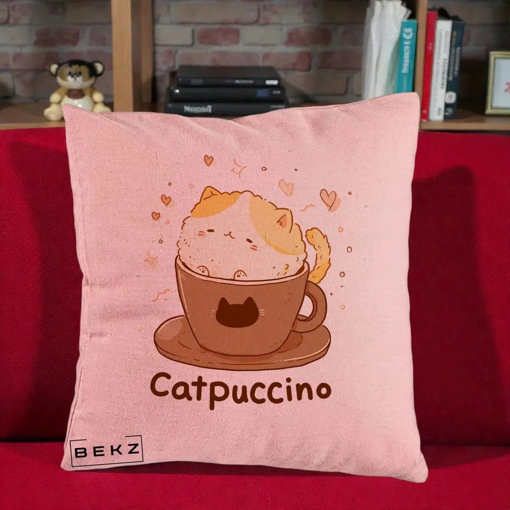 Perna Decorativa Catpuccino Pisica Cappuccino, 40x40 cm, Roz, Husa Detasabila, Perna Inclusa, BEKZ®