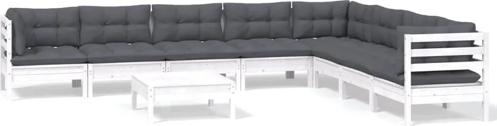 vidaXL Set mobilier grădină cu perne, 9 piese, alb, lemn masiv pin