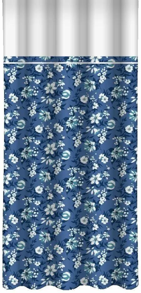 Draperie albastră cu flori albe și albastre imprimate și margine albă Lățime: 160 cm | Lungime: 250 cm