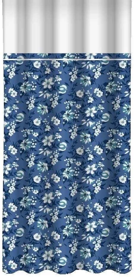Draperie albastră cu flori albe și albastre imprimate și margine albă Lățime: 160 cm | Lungime: 270 cm