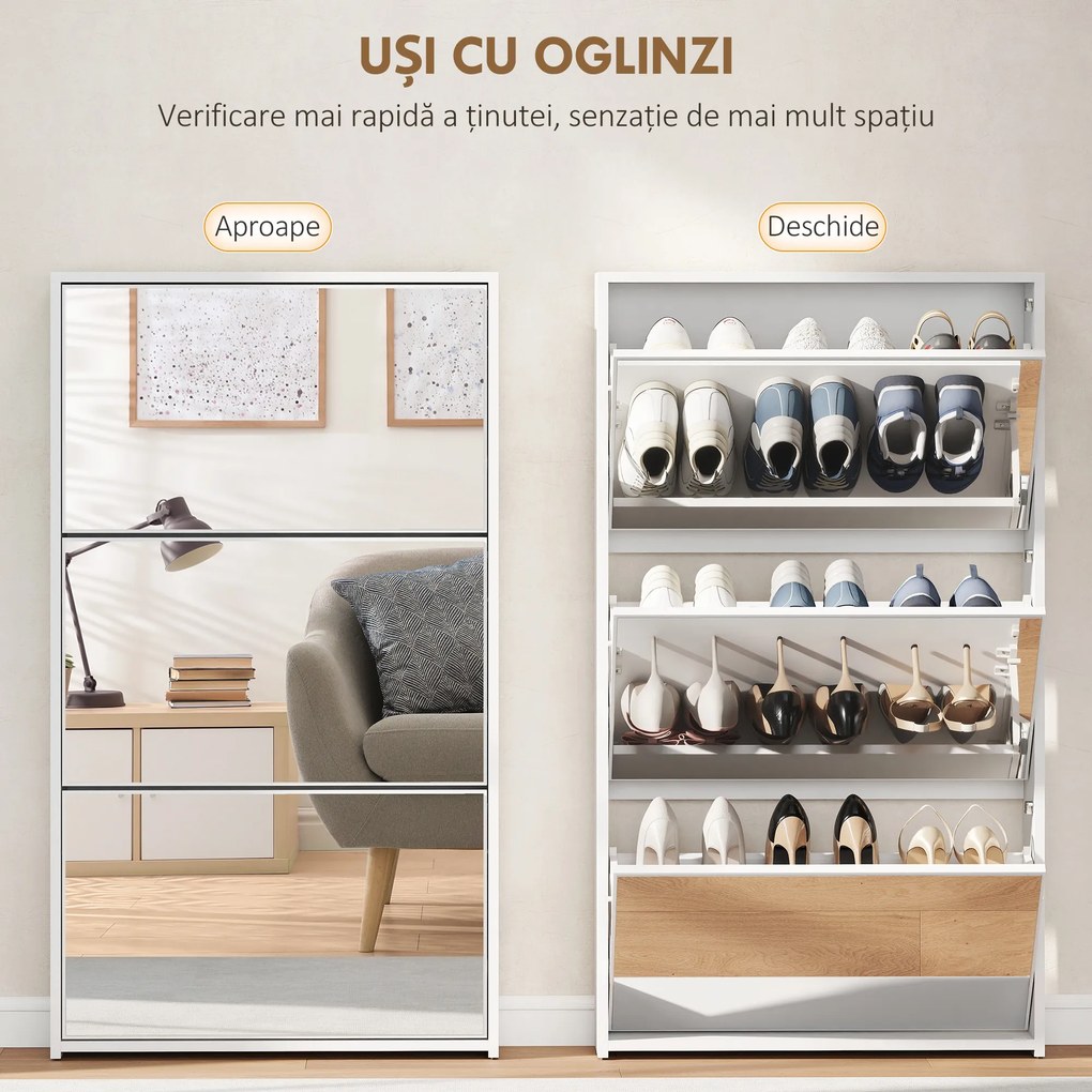 HOMCOM Dulap de Pantofi cu Oglindă și 3 Sertare Rabatabile 65x17x114.5 cm Alb | Aosom Romania