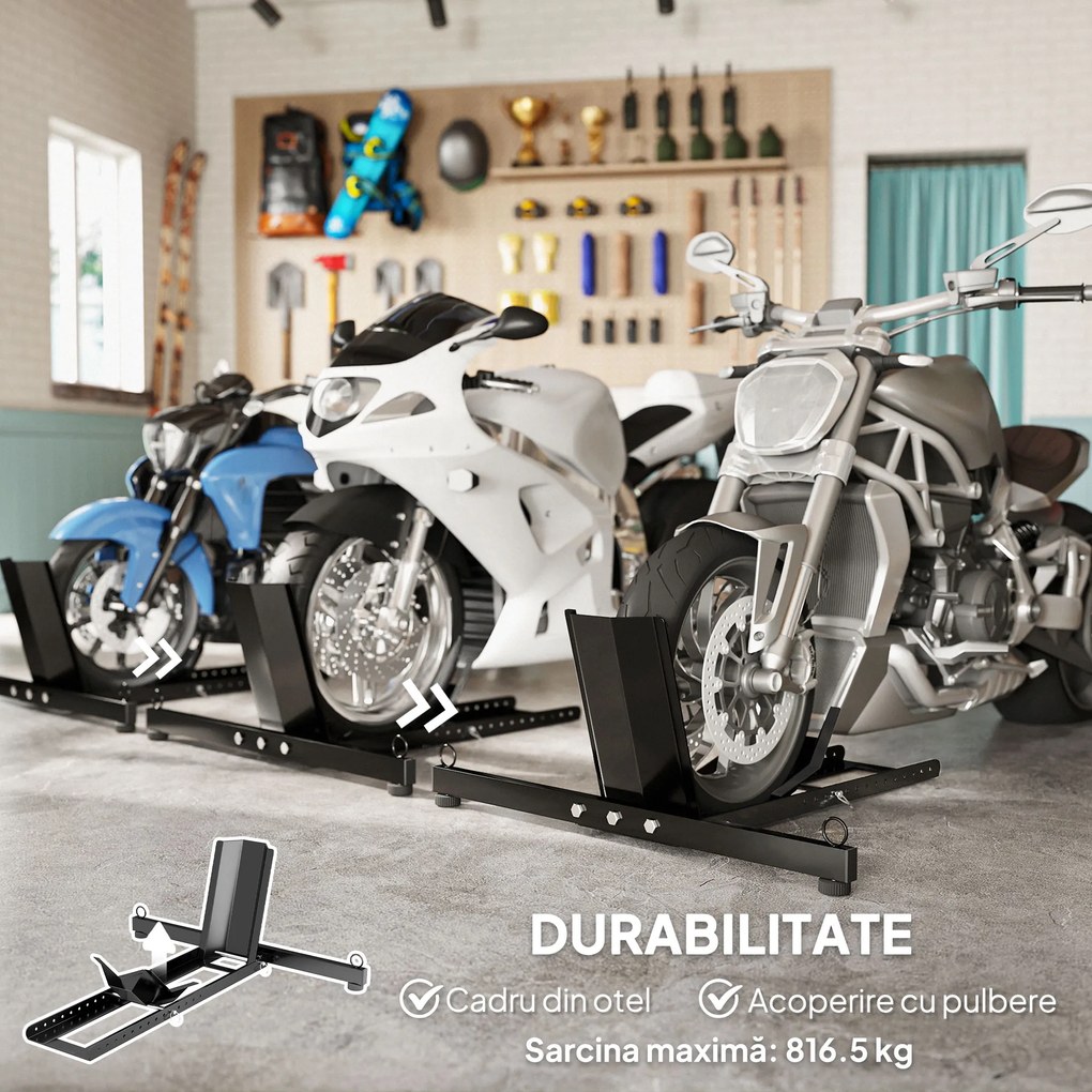HOMCOM Suport Blocator Roată Moto cu Suport Reglabil, Capacitate de 816,5 kg, Ø34-84 cm, Negru | Aosom Romania