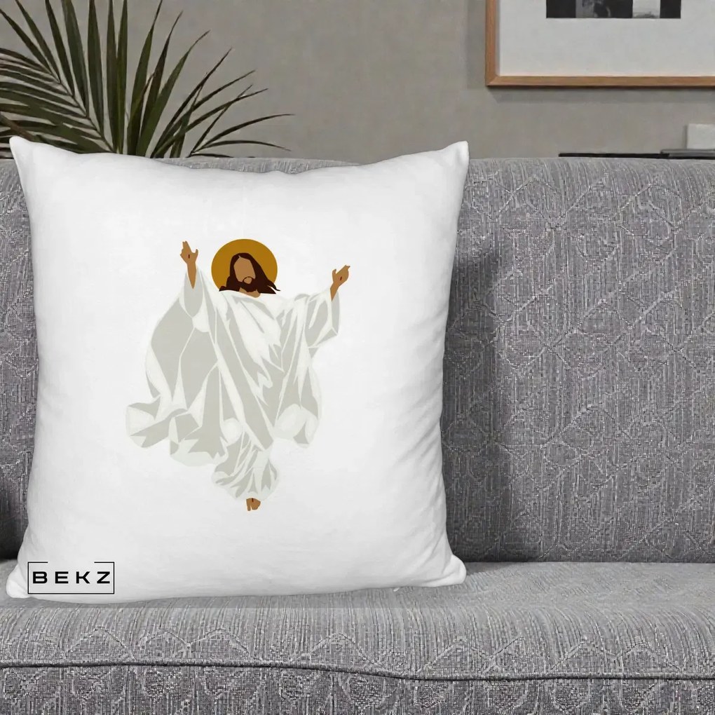 Perna Decorativa Iisus Hristos Invierea Silueta Minimalista, 40x40 cm, Alb Pufos, Husa Detasabila, Perna Inclusa, BEKZ®