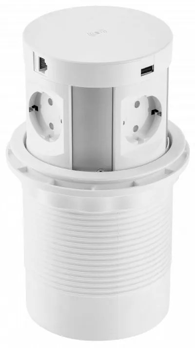 Priza incastrabila model COMFORT PLUS, 4 iesiri Schuko, 1xInductie 5W, 2xUSB-A, 2xRJ45, finisaj alb