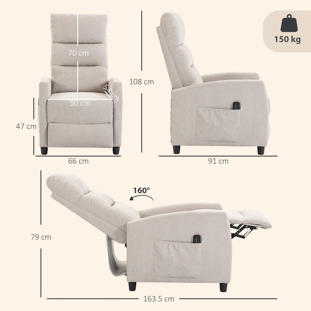 HOMCOM Fotoliu Masaj Reclinabil Manual 160°, Chenille, Suport Picioare, Telecomandă, Buzunare, Crem | Aosom Romania