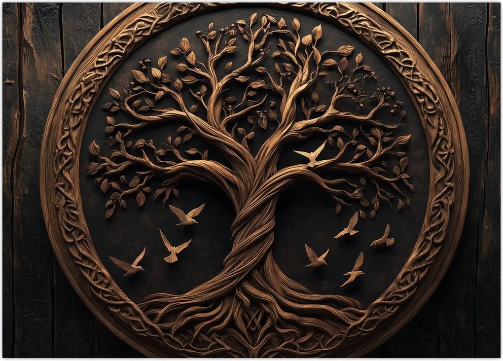 Tablou pe sticlă – Arborele vieții din lemn (70x50 cm)