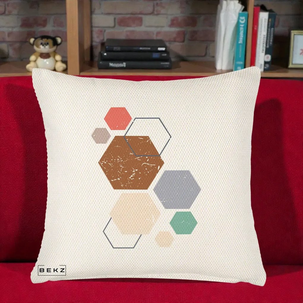 Perna Decorativa Geometric Hexagoane Multicolor, 40x40 cm, Crem Reliefat, Husa Detasabila, Perna Inclusa, BEKZ®