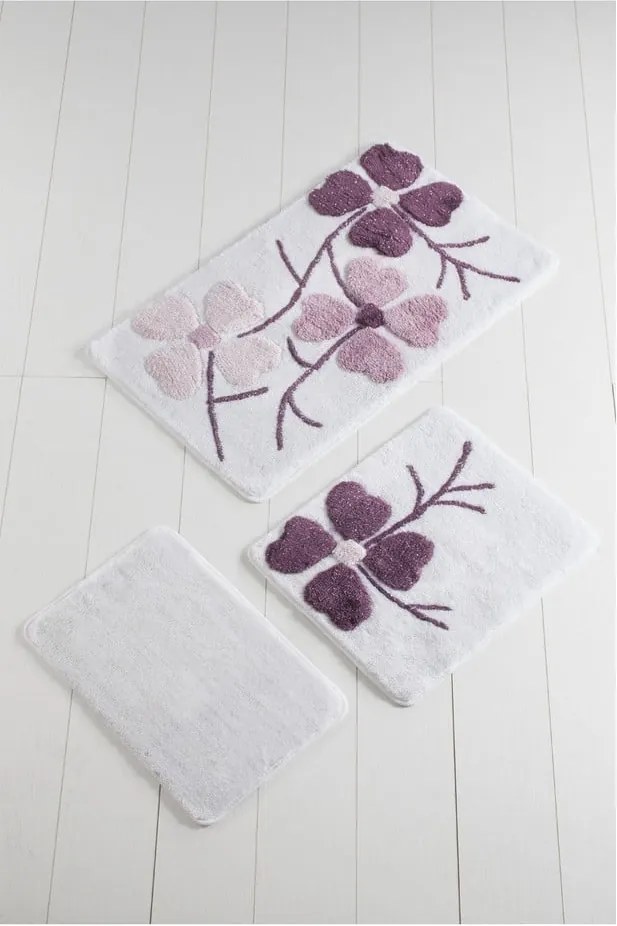 Set 3 covorașe de baie Confetti Bathmats Flowers, violet - alb