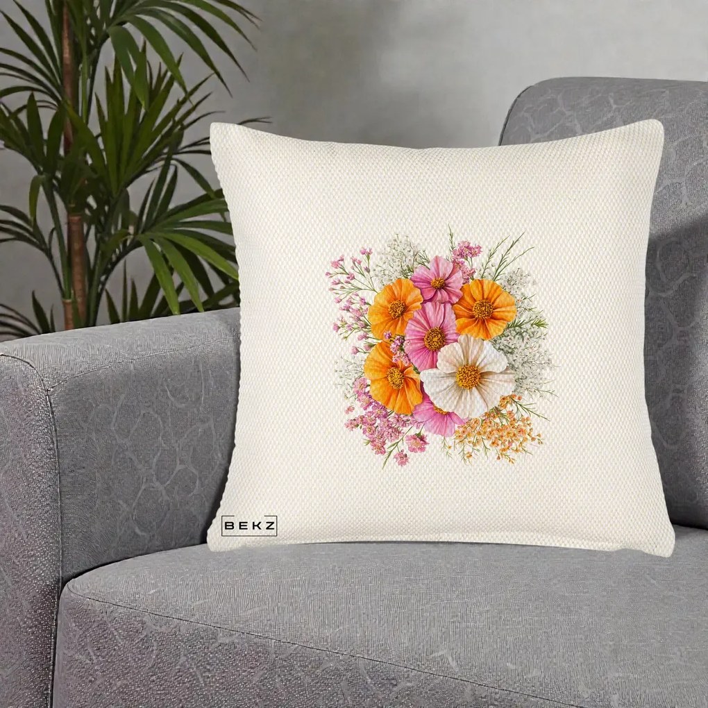 Perna Decorativa Buchet Cosmos Portocaliu Roz si Alb, 40x40 cm, Crem Reliefat, Husa Detasabila, Perna Inclusa, BEKZ®